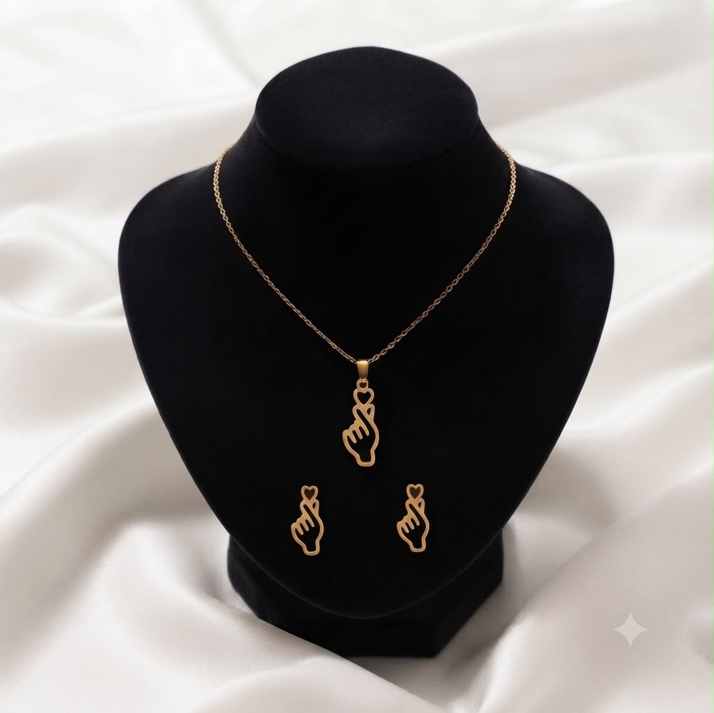 Finger Heart Necklace & Earrings Set